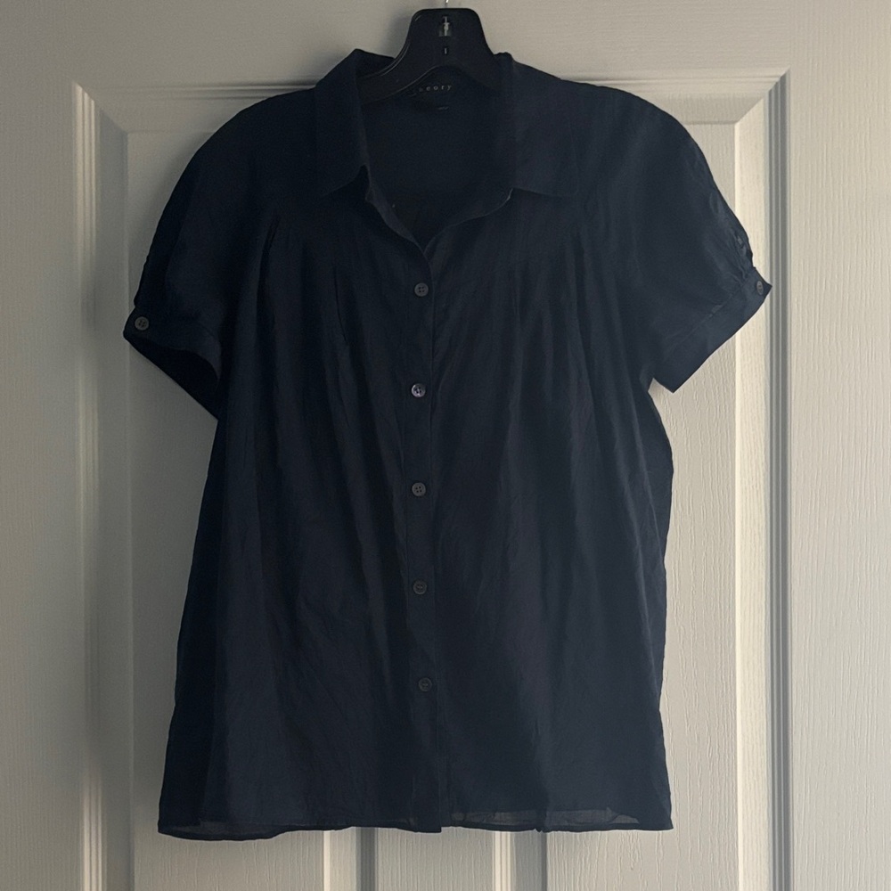 Theory 100% Cotton Navy Short Sleeve Button-Up Blouse Sz M
